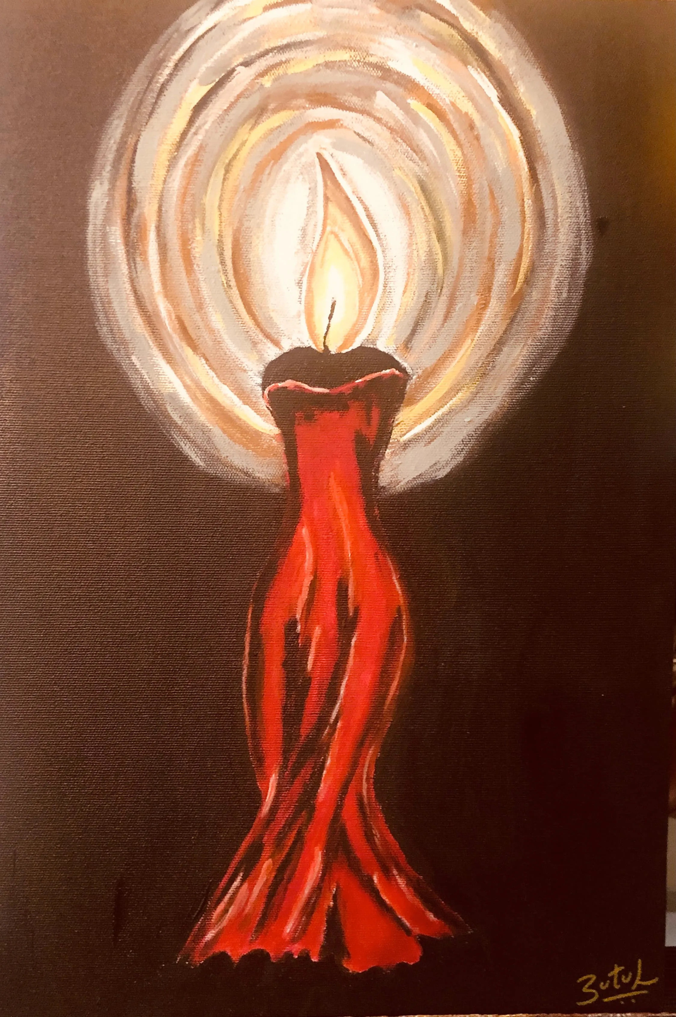 Painting of a red candle with flame